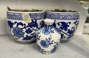 Pair of Blue and White Ceramic Planters and Vase