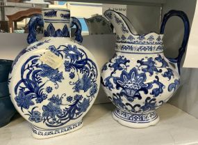 Blue and White Ceramic Pitcher and Vase
