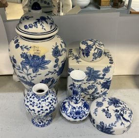 Blue and White Ceramic Ginger Jar, Urn, and Vases