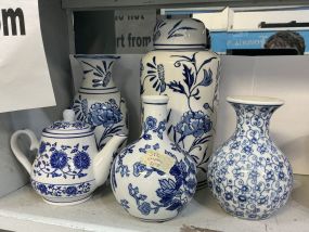Group of Blue and White Ceramic Teapot, and Vases