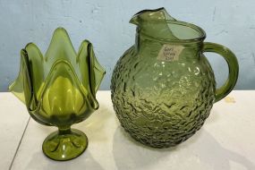 Anchor Hocking Glass Ball Pitcher and Viking Green Stretch Glass Footed Bowl Compote
