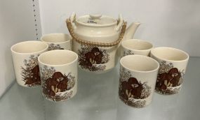 Otagiri Porcelain Teapot W/ 6 Cups Mushroom Motif