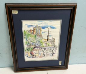 Signed pen drawing of Notre Dame 23h 18w
