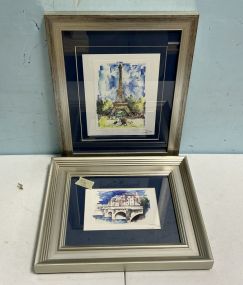 Signed Paris Imagery Watercolor drawings 12h 13w