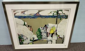 Signed Gabriel Godard Lithograph Procession on the Beach  27"h 32"