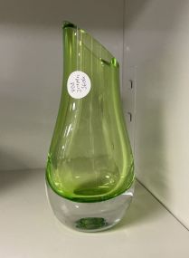 Tarnow Poland green art heavy glass round vase 8"h