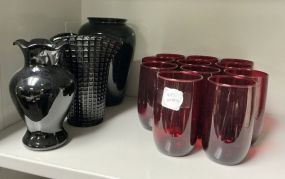 VTG Ruby Red Flower Vases and Glasses