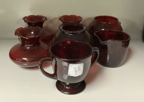VTG Ruby Red Glass Small Vases, Sugar, and Creamer