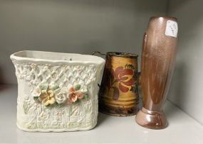 Stoneware Flower Vase, Ceramic Vase, and Tin Pitcher