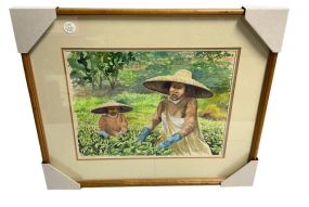 Signed J. Hocking Watercolor Girls Picking Tea Leaves