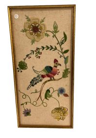 Needlepoint Embroidery Bird Artwork 25"h., 12"w
