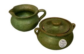 Handmade Clay Sugar &amp; Cream Dishes, Signed 3"h 3"d