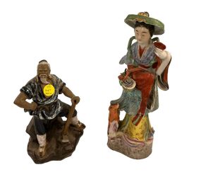 Chinese Mudman Figurine and Asian Pottery Sculpture 10"h &amp; 14"h