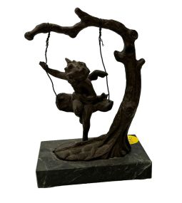 Andrea by Sadek Bronze Figurine Angel Cherub on Tree Swing 6"h 5"w