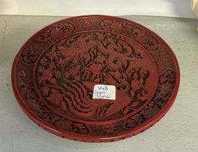 Chinese carved cinnabar lacquer dish 8"d