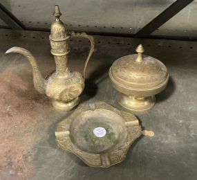 Indian etched brass Aftaba, lidded bowl, and Ashtray