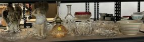 Group Lot of Clear Glassware,  Oil Lamps, and Resin Angels
