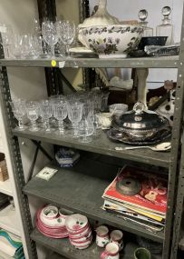 Group of Glass Stems, Tureen, Bowl, Silver Plate, Albums, and Pottery