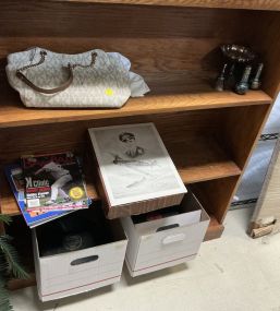 Shelf Lot with Purse, Silverplate, Prints, Records, and Sports Books