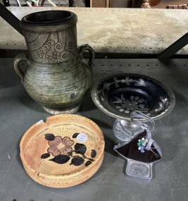 Decorative Pottery Vase, ashtray, glass angel, and bowl