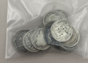 24 Silver Barber Dimes Random Dates, 1 Seated Liberty 1873 (hole at top) and 1 1831 Draped Bust