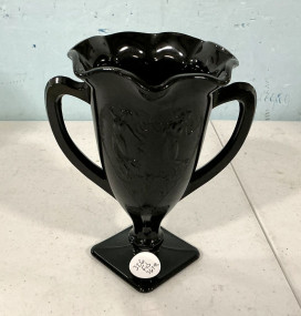 L.E. Smith black amethyst glass trophy vase 7"