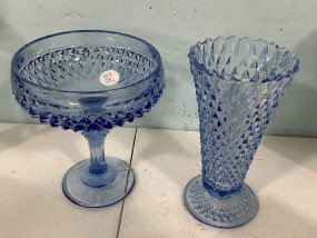 Blue Indiana Glass Diamond Point Compote and Flower Vase