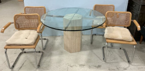 Postmodern glass and travertine dining table set 28"h., 48"dia