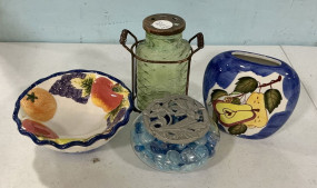 Ceramic Bowls, Glass Bottle, and Bowl