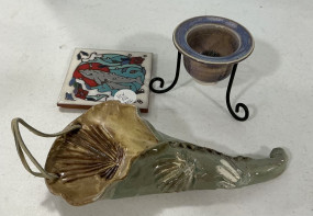 Signed Pottery Vase, Candle, Trivet