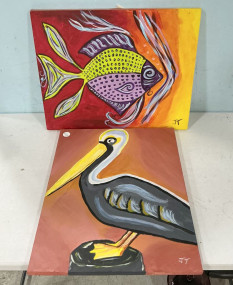 Two Signed JT Fish and Bird Paintings 16" x 20"