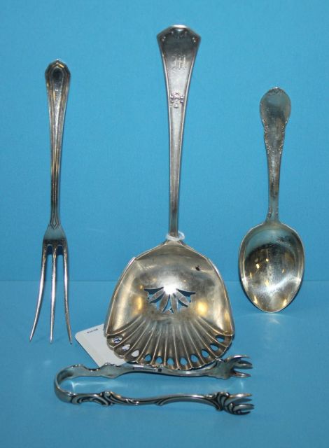 Sterling Tongs, Sterling Ladle, Sterling Childs Spoon, and Sterling Cocktail Fork