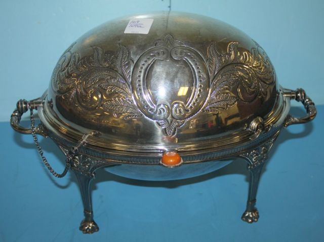 English Silverplate Footed Food Warmer with Tilting Lid