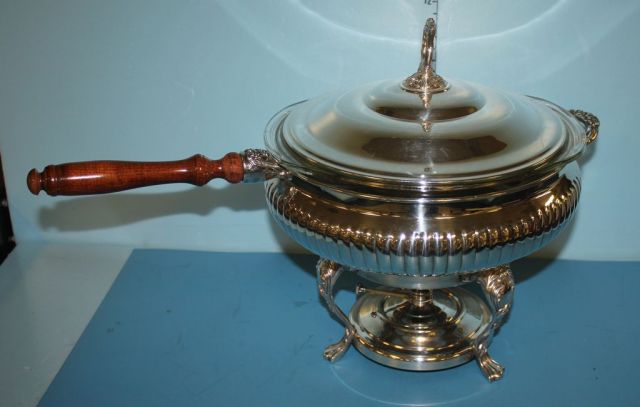 Vintage Sheridan Silverplate Chafing Dish with Pyrex Bowl, Burner and Wood Handle