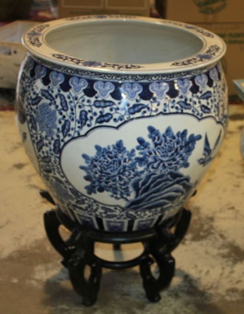 Large Blue and White "Fish Bowl" Planter/Jardinere on Rosewood Stand