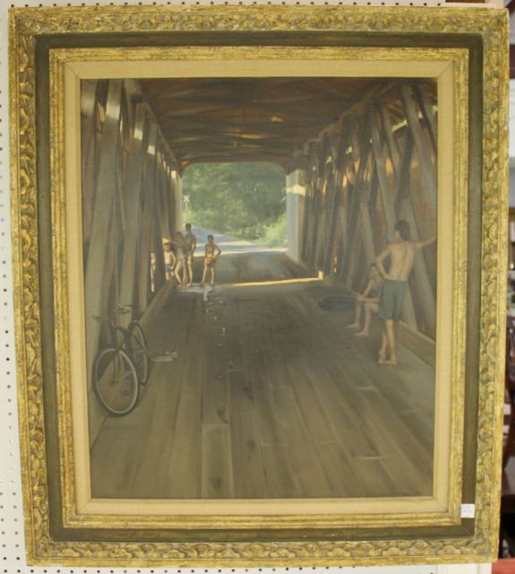 Evan Wilson Oil on Canvas of Covered Bridge, Children Waiting on their Turn to Swim