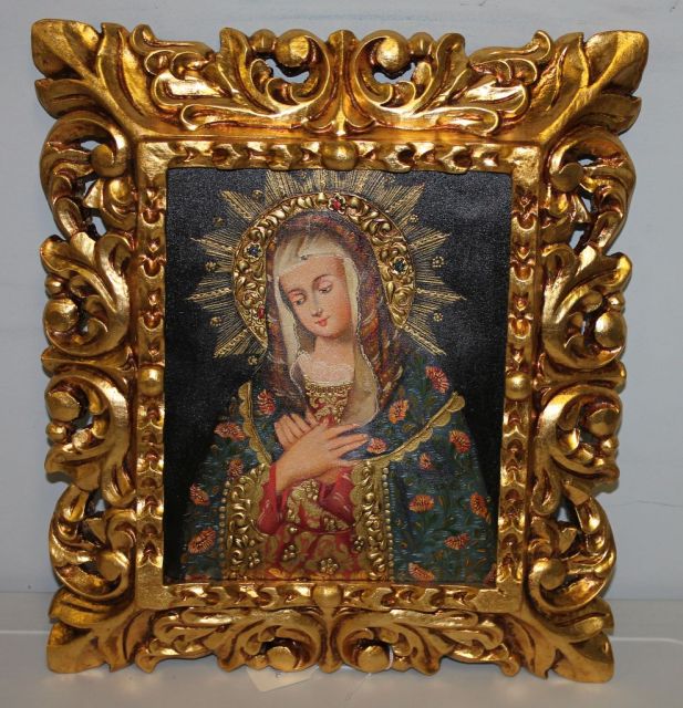 Oil Painting of Madonna with Embossed Flowers in Gold Leaf Frame