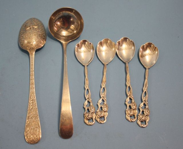 Sterling Silver Cream/Sauce Ladle, Ornate Sterling Silver Spoon and Four Silverplate Demitasse Spoons