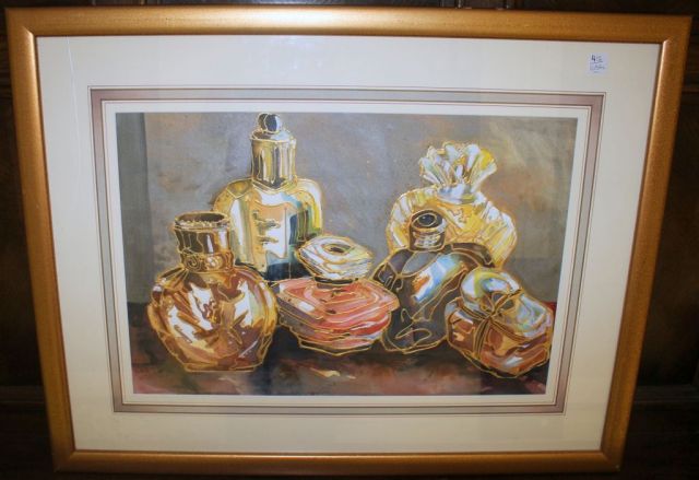 Framed Jackie Meena Watercolor with Gold Acrylic "Gorgeous Bottles"