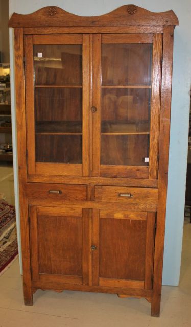 Oak Kitchen Cabinet with Two Glass Doors over Two Drawers and Two Doors