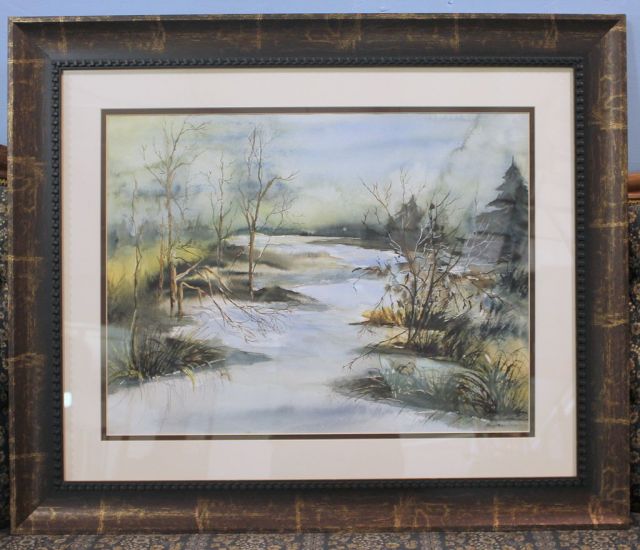 Watercolor of Creek with Trees, signed Becky M. Williams