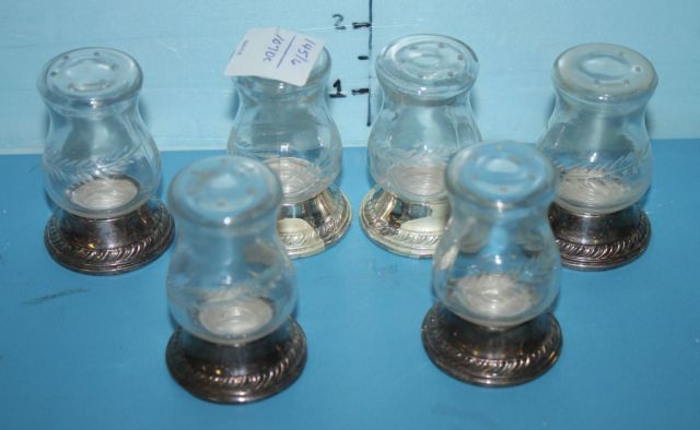 Set of Six Etched Glass "Quaker Hurricane" Gorham Sterling Base Shakers