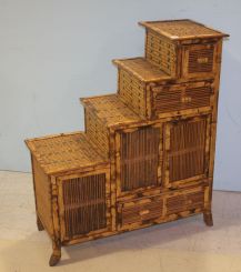 Bamboo and Cane Four Step Up Cabinet with Three Drawers and Three Doors