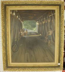 Evan Wilson Oil on Canvas of Covered Bridge, Children Waiting on their Turn to Swim
