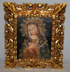 Oil Painting of Madonna with Embossed Flowers in Gold Leaf Frame