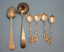 Sterling Silver Cream/Sauce Ladle, Ornate Sterling Silver Spoon and Four Silverplate Demitasse Spoons
