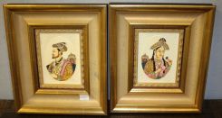 Pair of Hand Painted Portraits on Ivory of Famous Lovers  Mughal King and his Wife Mumtaz Mahal. Portraits are Surrounded by Filigree Carved Ivory in Gold Leaf Frames.  Portraits have natural Ruby, Emeralds and Sea Pearls on the Ivory.