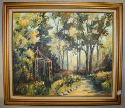 Charles Guess Oil on Canvas of Gazebo in a Garden Signed Lower Left