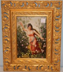 Ornate Gold Open Carved Frames with Hand Painted Porcelain Plaque of a Woman in a Garden