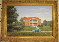 Will Hinds Oil on Canvas of Webster Hall (1937 Cord in Front) on Colony Parkway, Signed Lower Right